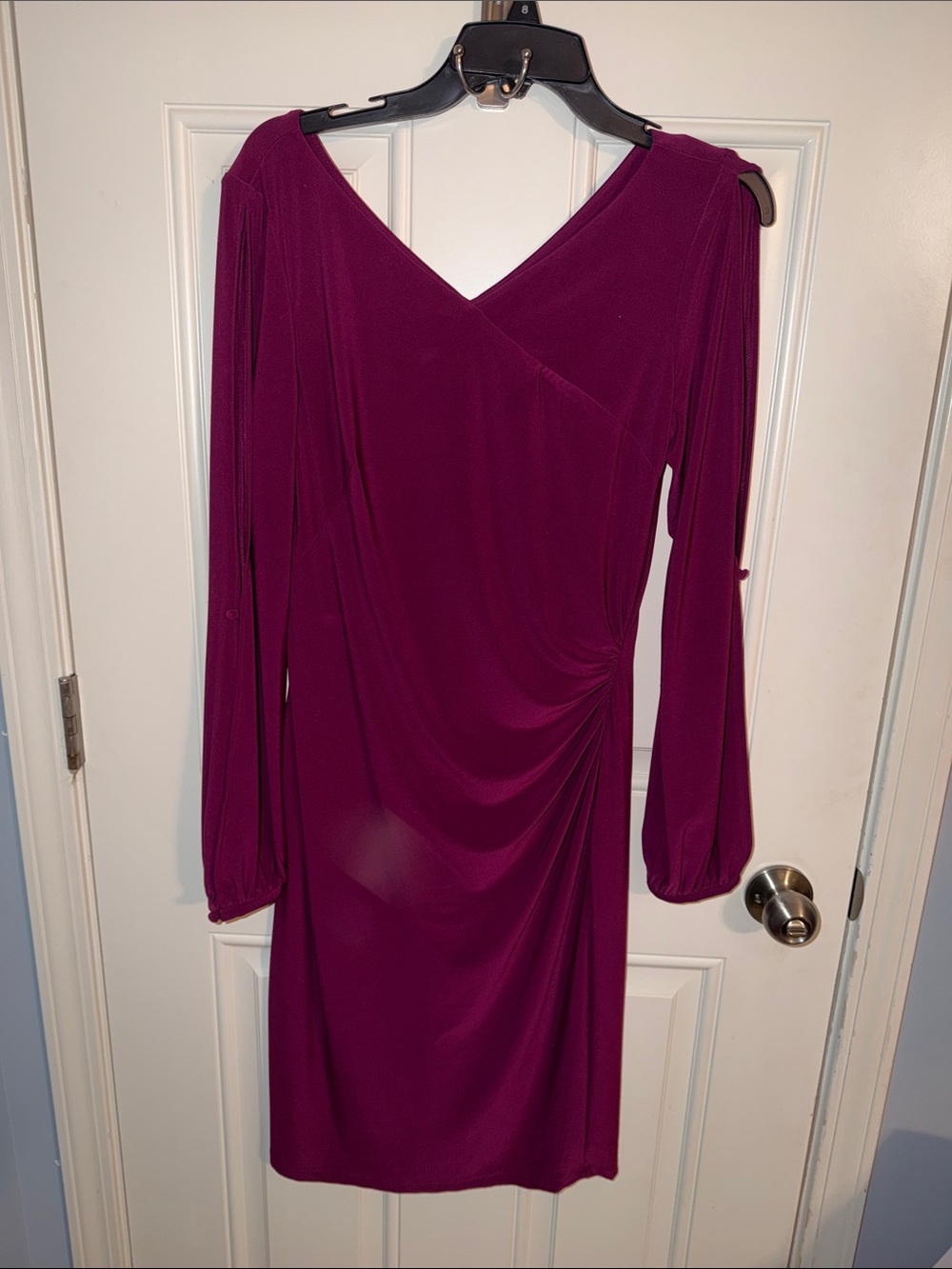 Lauren Ralph Lauren Long-Sleeve V-Neck Ruched Dress - Plum